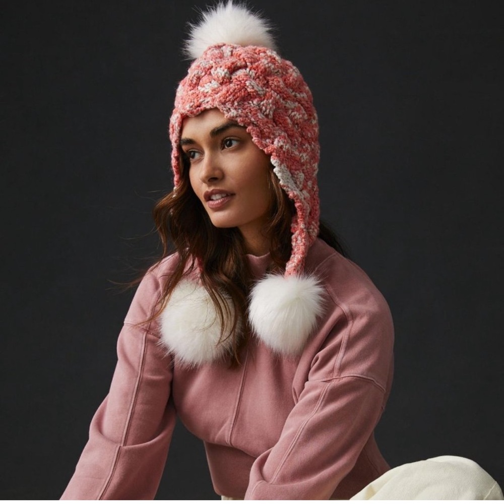 Anthropologie Earflap Pom Pom Hat